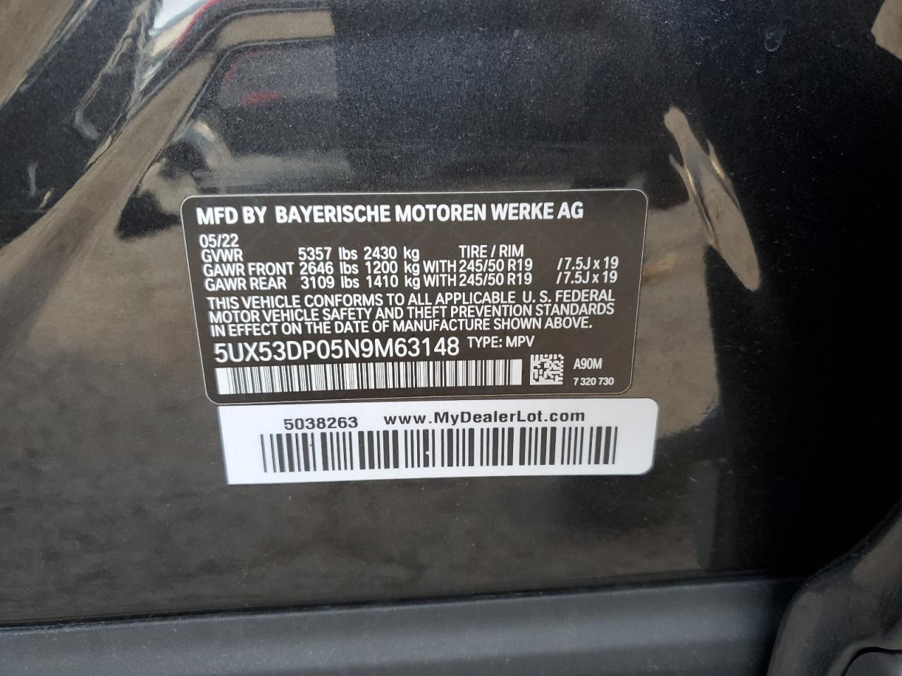 VIN 5UX53DP05N9M63148 2022 BMW X3 no.12