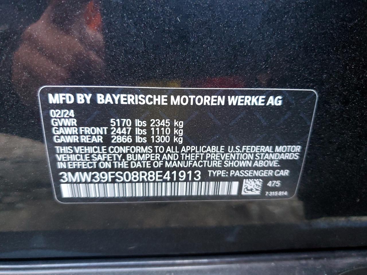 2024 BMW 330Xe VIN: 3MW39FS08R8E41913 Lot: 79777444