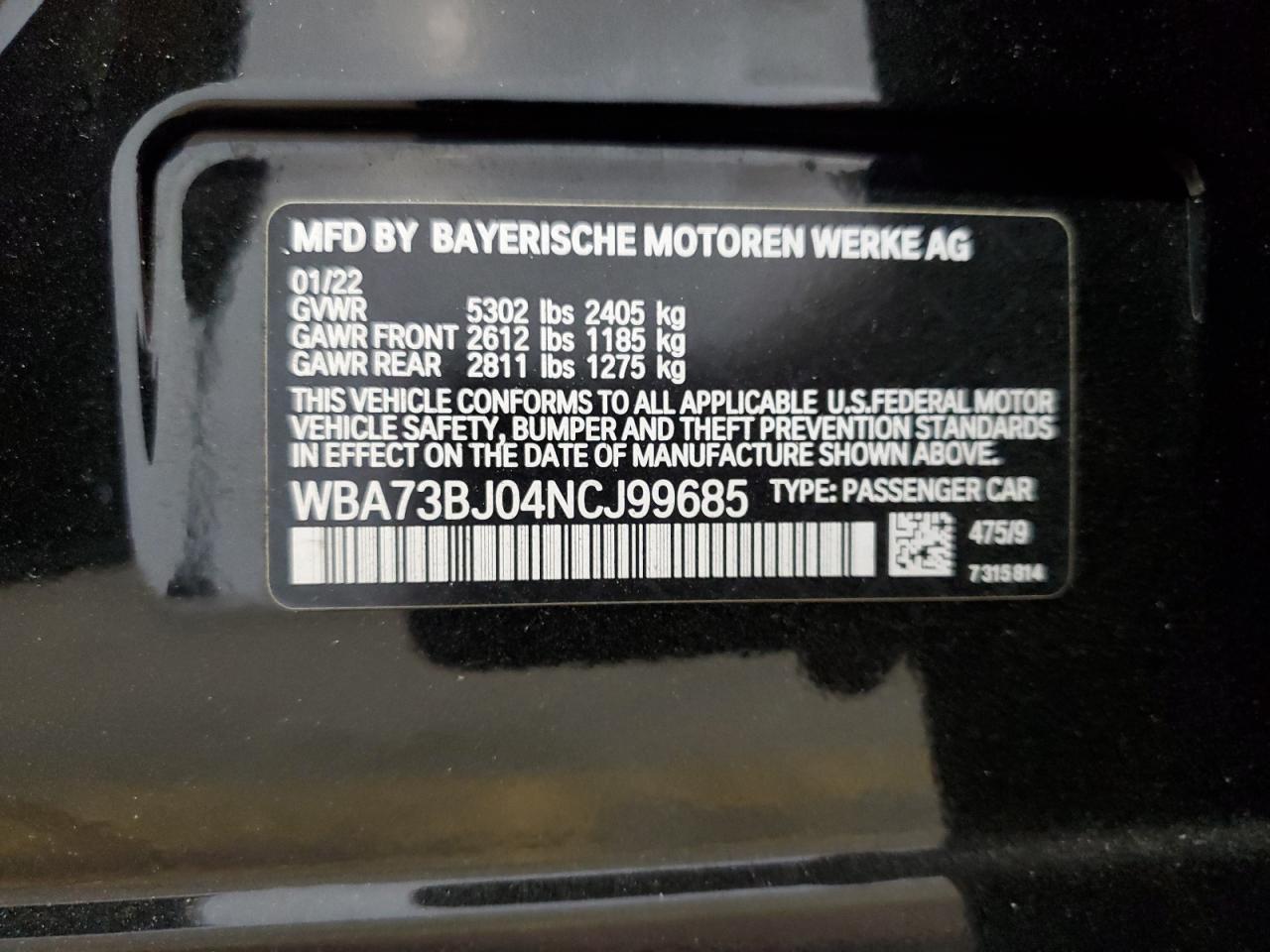 2022 BMW 540 Xi VIN: WBA73BJ04NCJ99685 Lot: 78860844