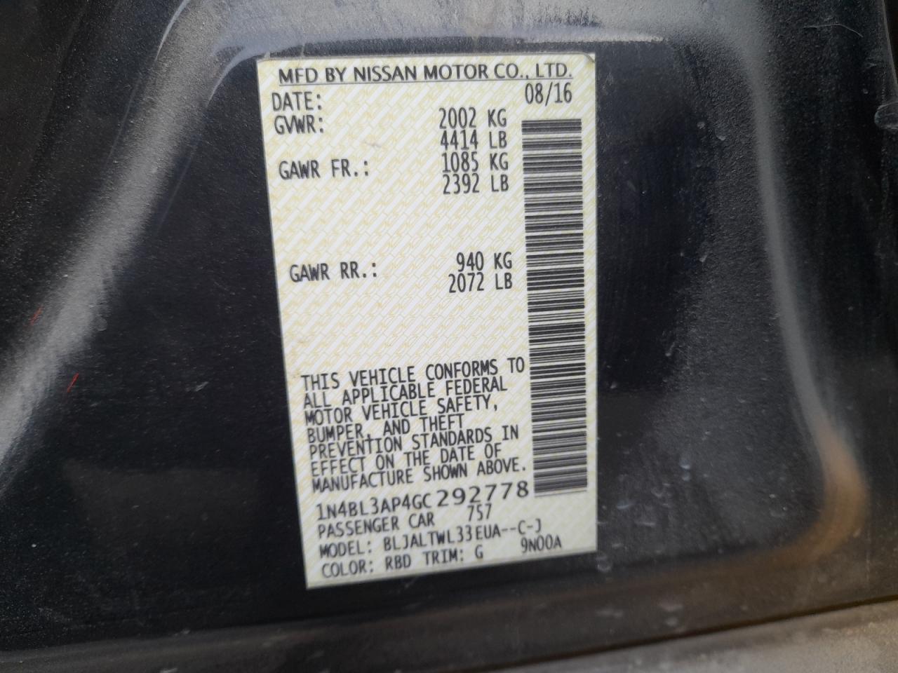 1N4BL3AP4GC292778 - 2016 Nissan Altima 2.5 - #78777554