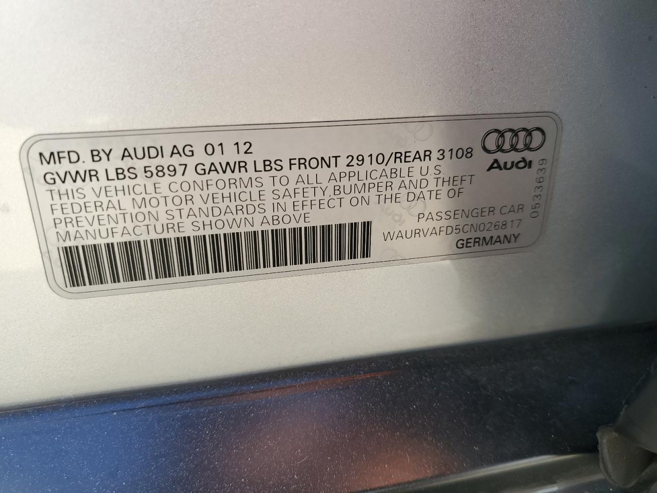 2012 Audi A8 L Quattro VIN: WAURVAFD5CN026817 Lot: 79310254