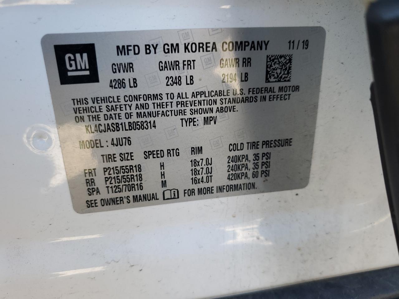 VIN KL4CJASB1LB058314 2020 BUICK ENCORE no.12