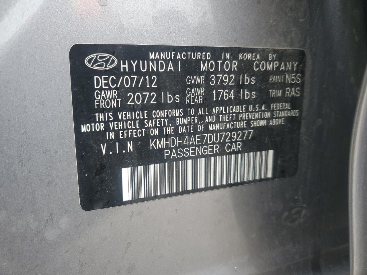 2013 Hyundai Elantra Gls VIN: KMHDH4AE7DU729277 Lot: 81317664