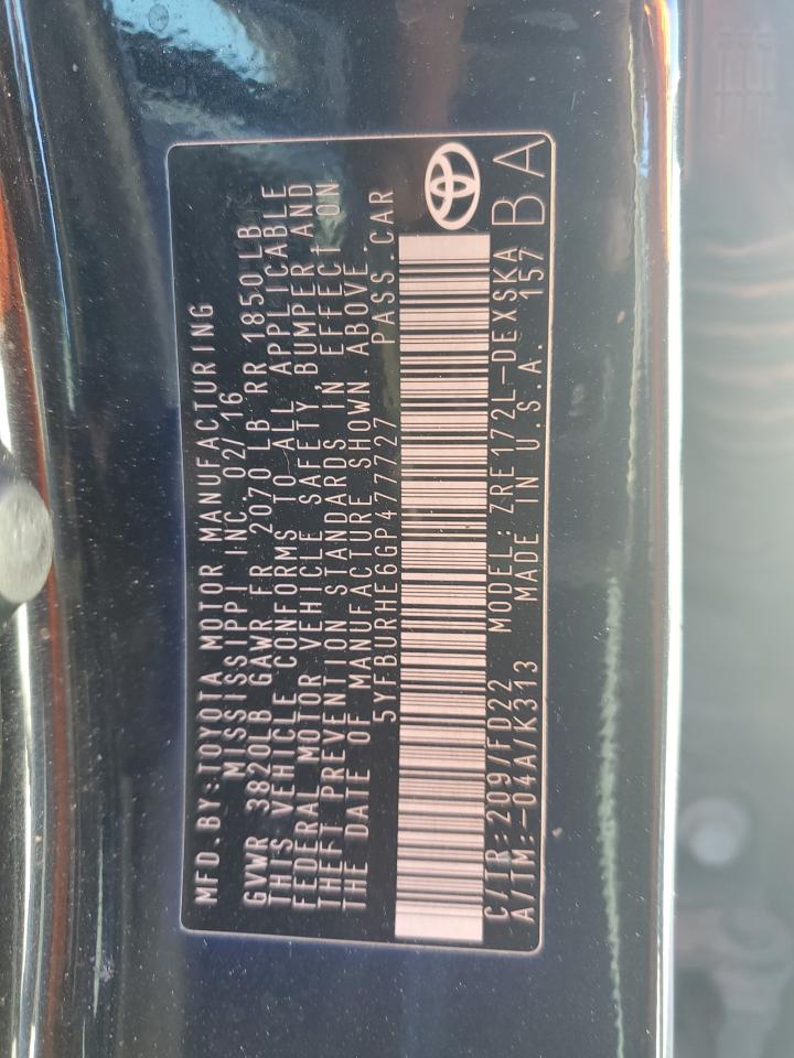 2016 Toyota Corolla L VIN: 5YFBURHE6GP477727 Lot: 81166094