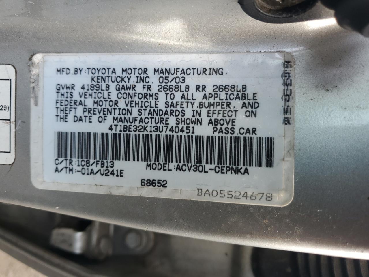 2003 Toyota Camry Le VIN: 4T1BE32K13U740451 Lot: 78862914