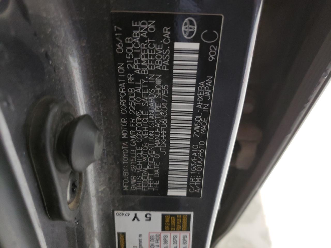 VIN JTDKBRFU6H3047755 2017 TOYOTA PRIUS no.12