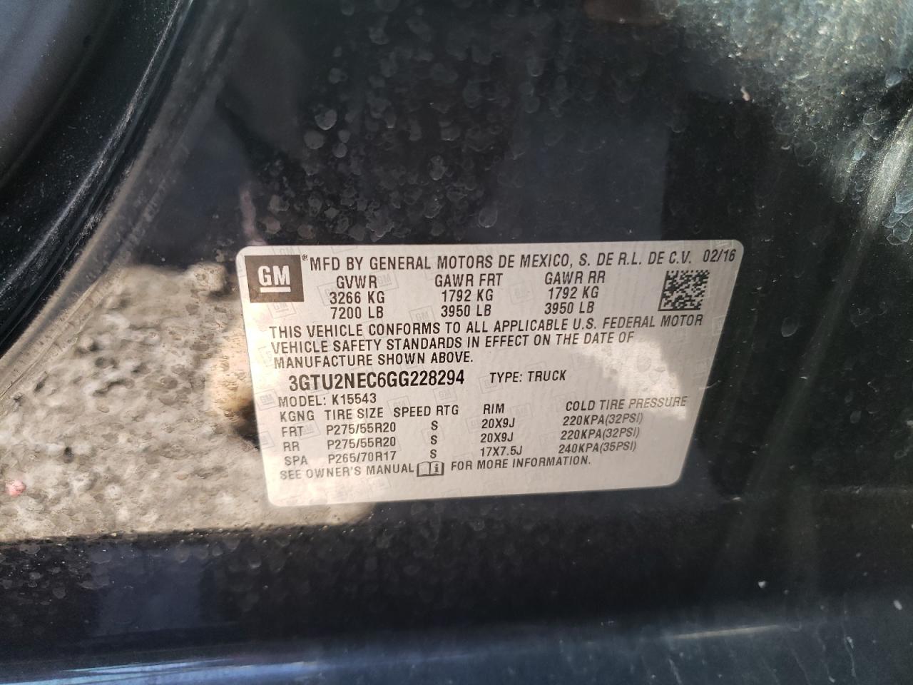 2016 GMC Sierra K1500 Slt VIN: 3GTU2NEC6GG228294 Lot: 80383924