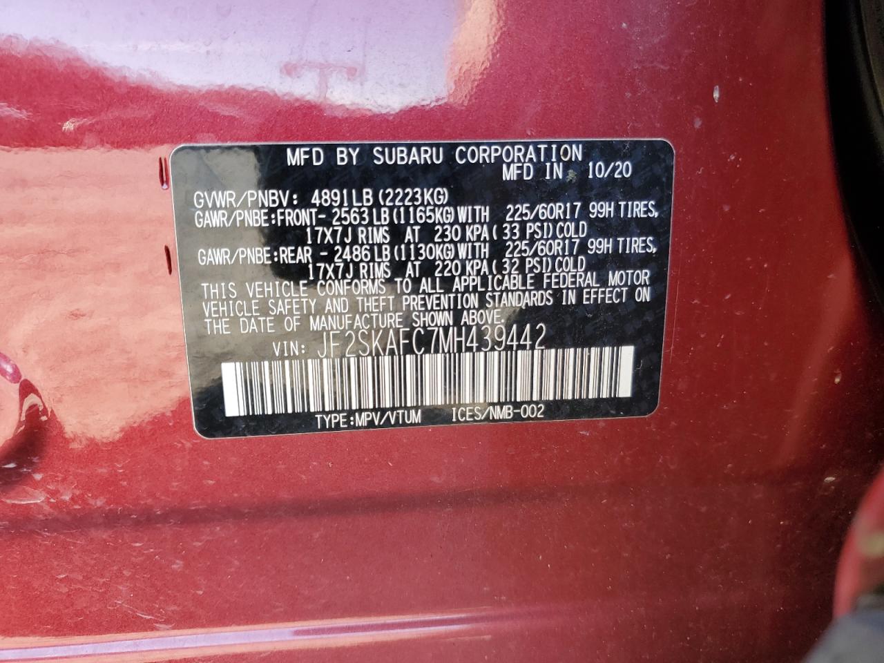 2021 Subaru Forester Premium VIN: JF2SKAFC7MH439442 Lot: 79466984