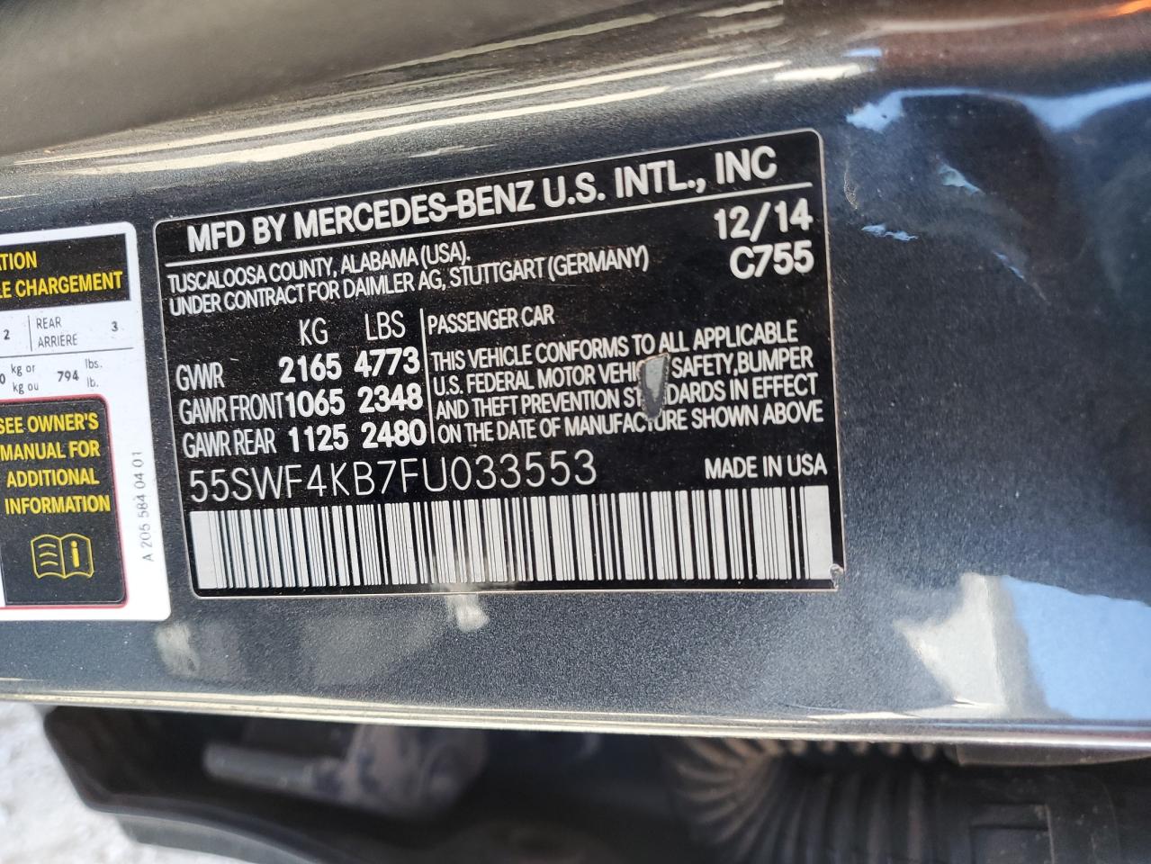 2015 Mercedes-Benz C 300 4Matic VIN: 55SWF4KB7FU033553 Lot: 78857534