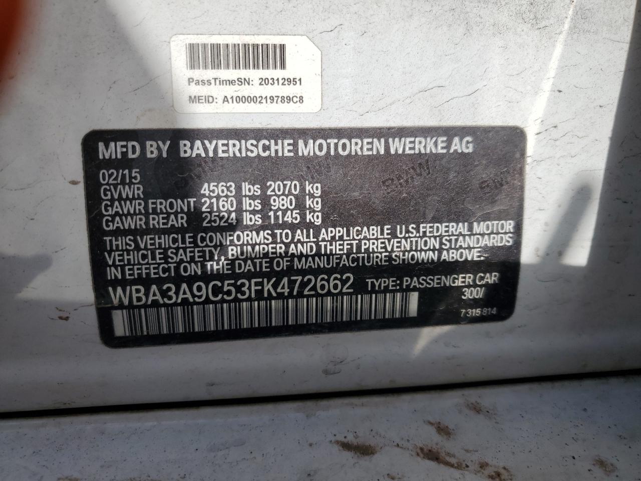 VIN WBA3A9C53FK472662 2015 BMW 3 SERIES no.12