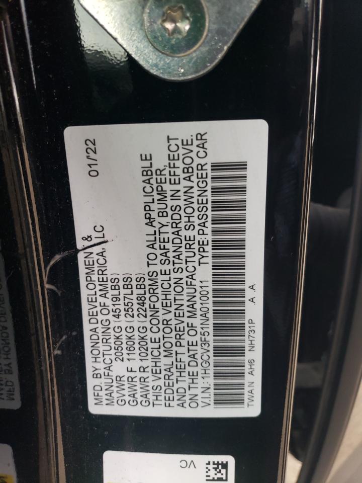 2022 Honda Accord Hybrid Exl VIN: 1HGCV3F51NA010011 Lot: 79737504