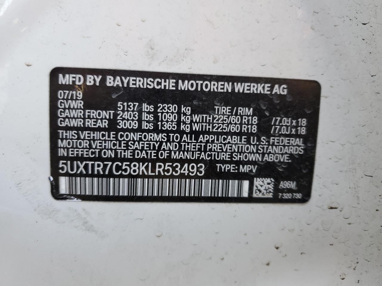 VIN 5UXTR7C58KLR53493 2019 BMW X3 no.13