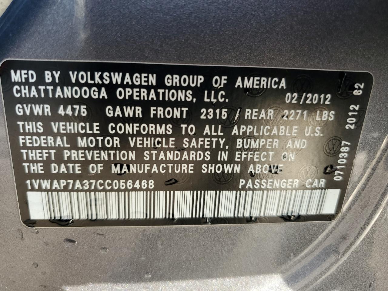 2012 Volkswagen Passat S VIN: 1VWAP7A37CC056468 Lot: 80305484