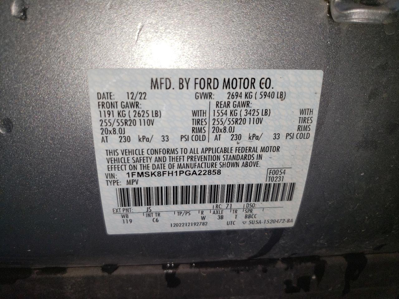 VIN 1FMSK8FH1PGA22858 2023 FORD EXPLORER no.14