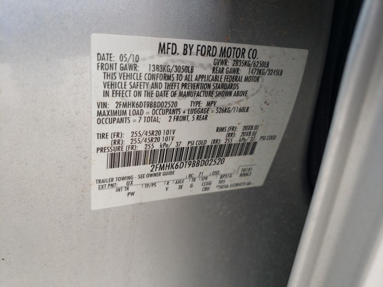 2011 Ford Flex Limited VIN: 2FMHK6DT9BBD02520 Lot: 82113944