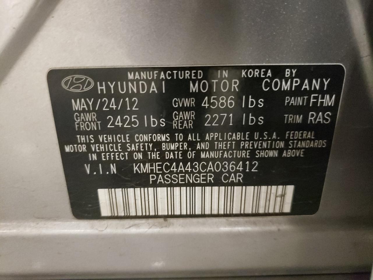 2012 Hyundai Sonata Hybrid VIN: KMHEC4A43CA036412 Lot: 80712354