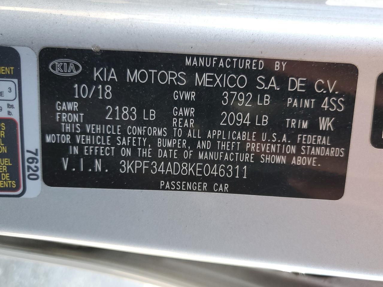 2019 Kia Forte Gt Line VIN: 3KPF34AD8KE046311 Lot: 80346484