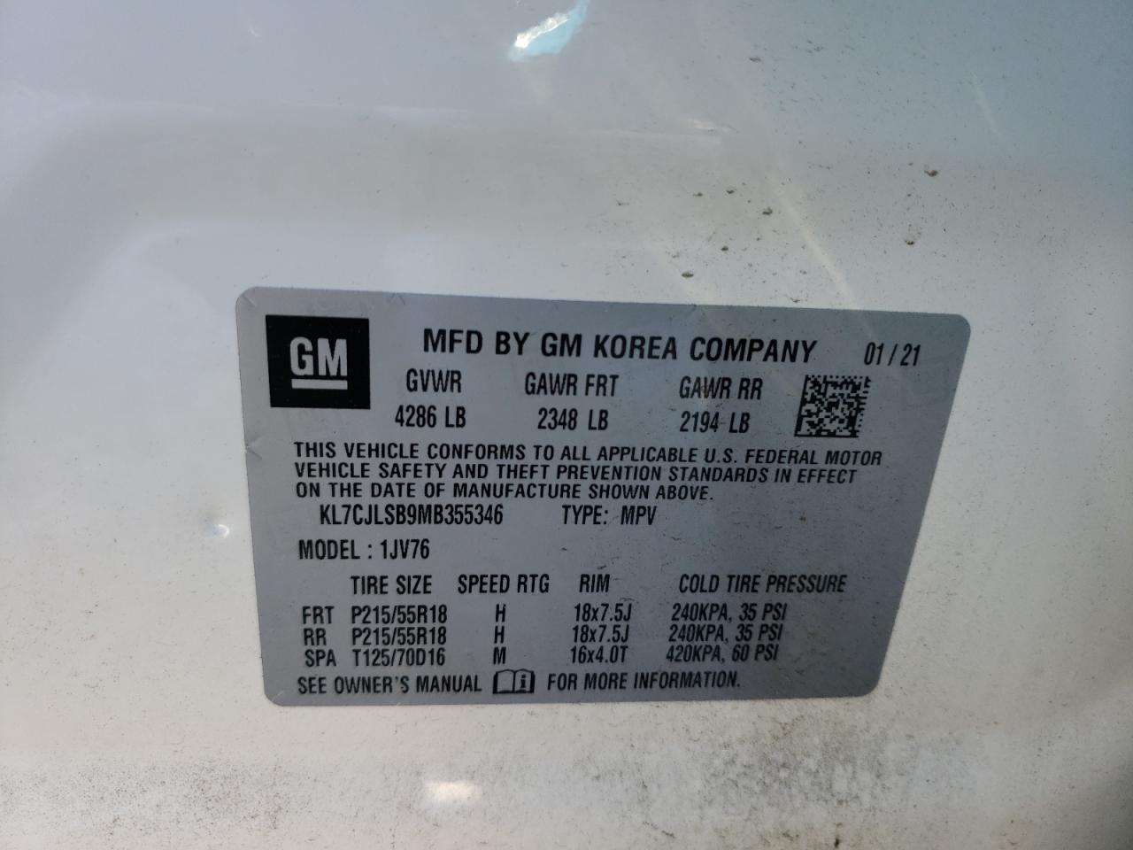 VIN KL7CJLSB9MB355346 2021 CHEVROLET TRAX no.12