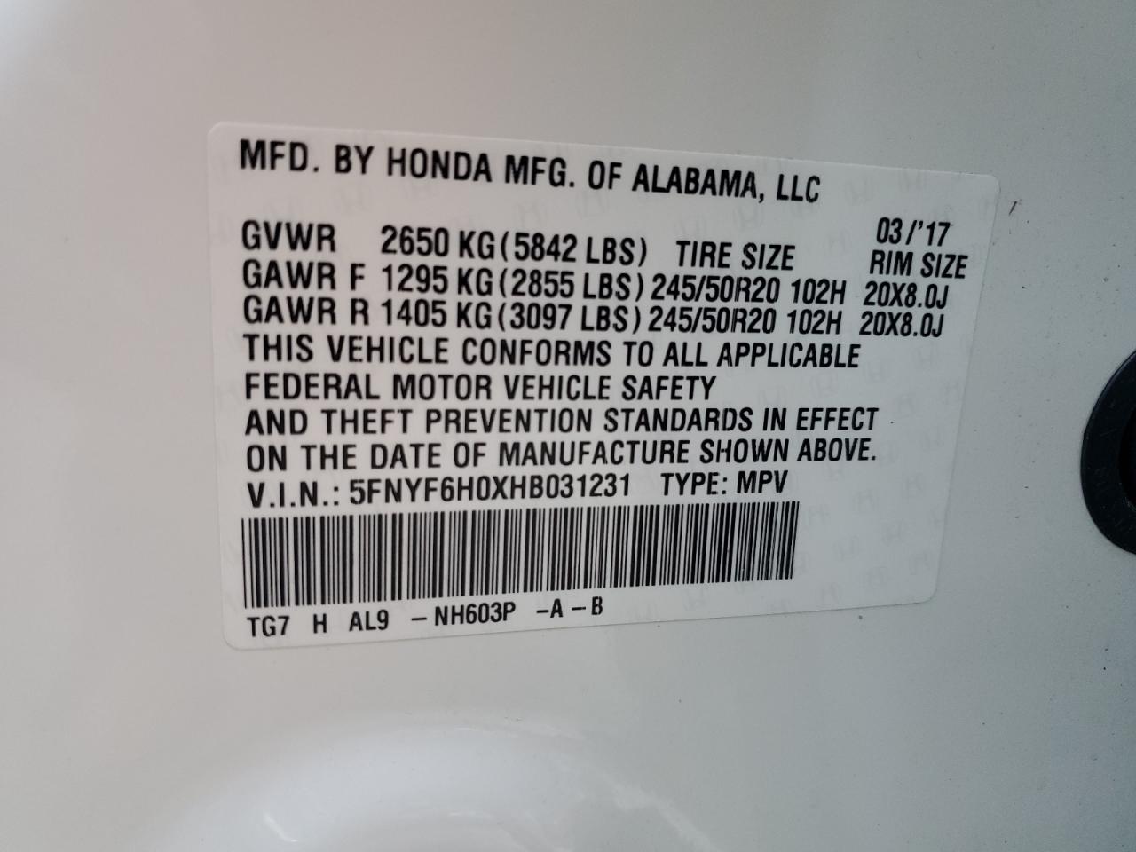 5FNYF6H0XHB031231 2017 Honda Pilot Elite