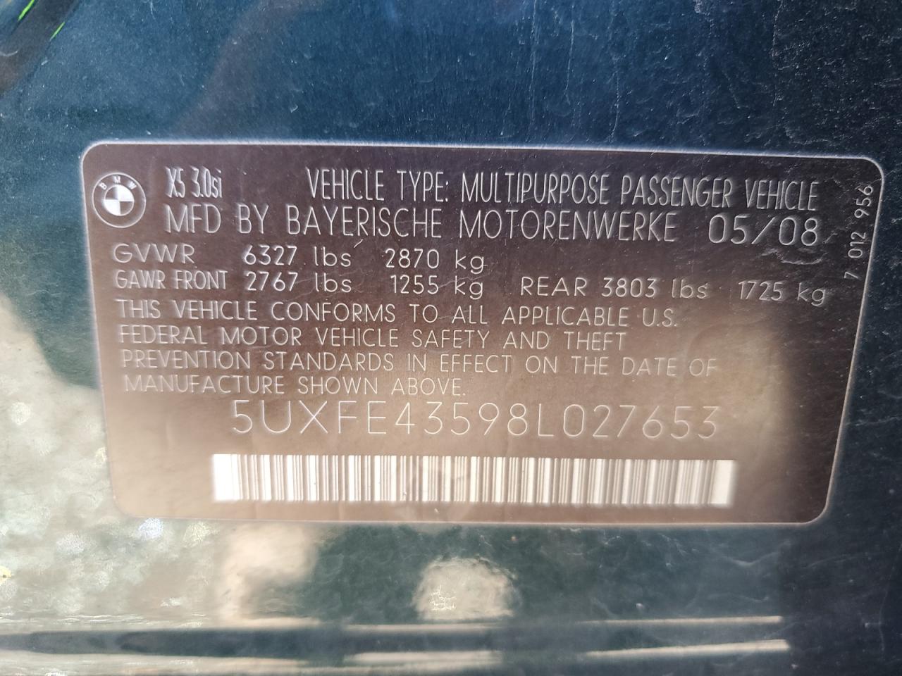2008 BMW X5 3.0I VIN: 5UXFE43598L027653 Lot: 80835794
