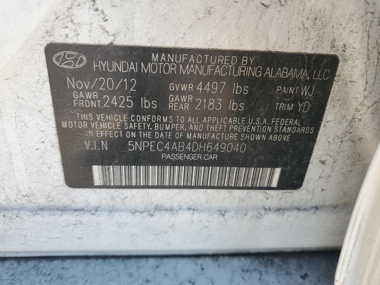 2013 Hyundai Sonata Se VIN: 5NPEC4AB4DH649040 Lot: 80986654