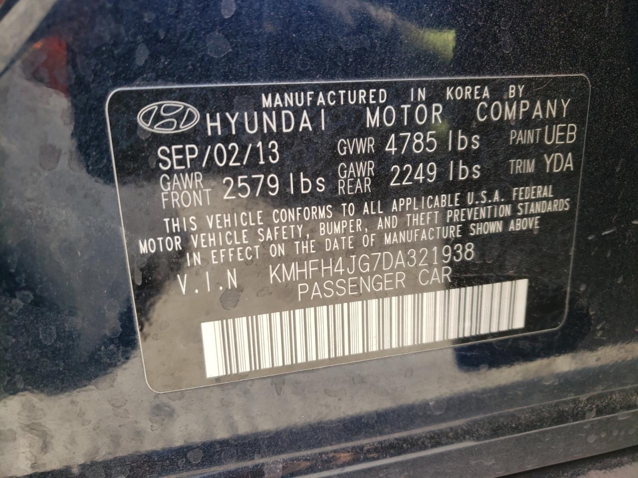 2013 Hyundai Azera Gls VIN: KMHFH4JG7DA321938 Lot: 80008344