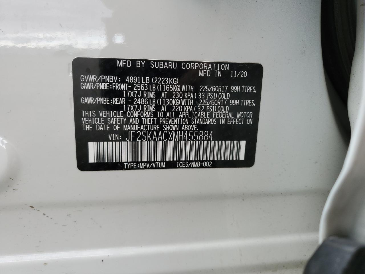 2021 Subaru Forester VIN: JF2SKAACXMH455884 Lot: 81300164