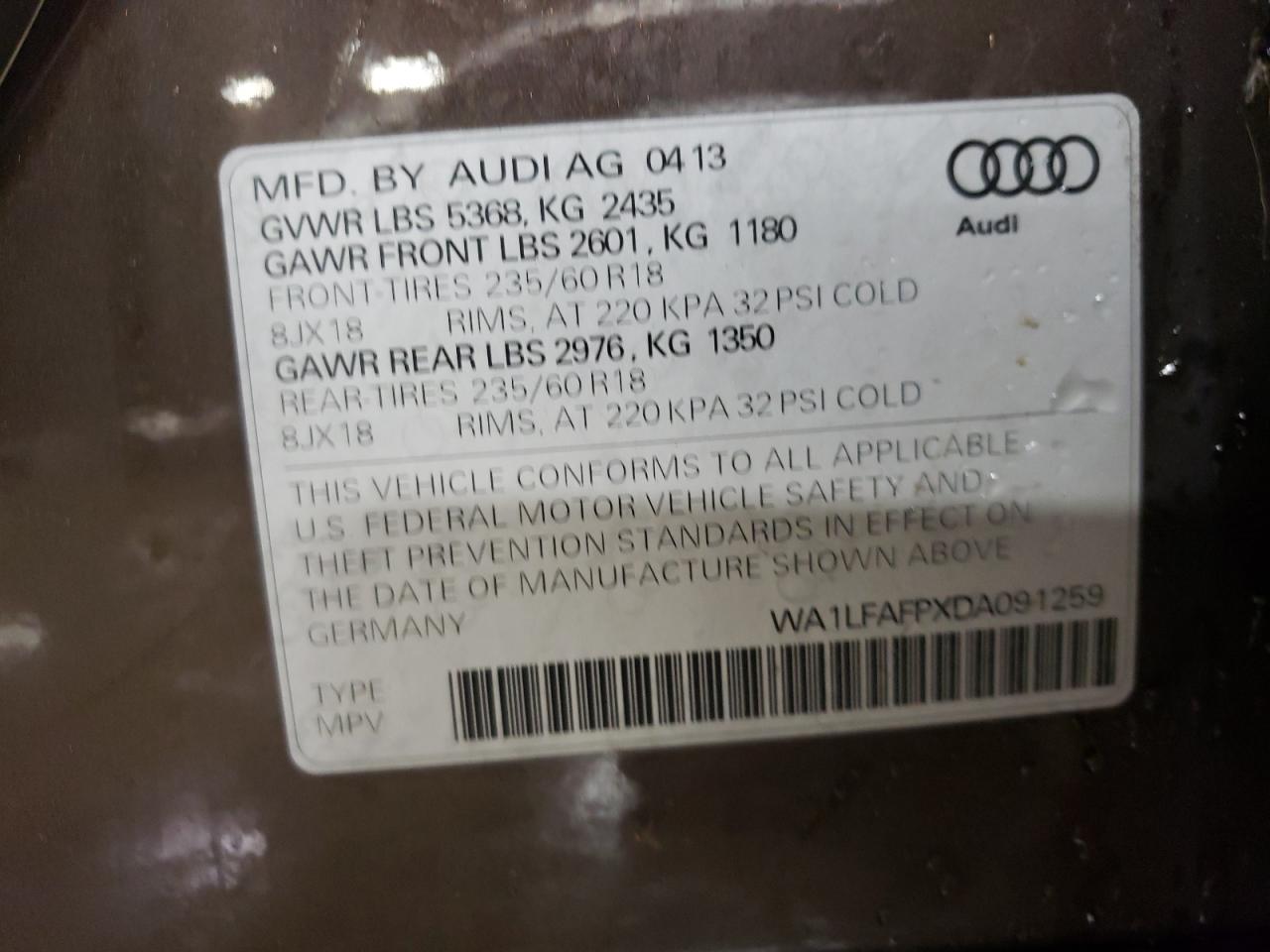 2013 Audi Q5 Premium Plus VIN: WA1LFAFPXDA091259 Lot: 80142564