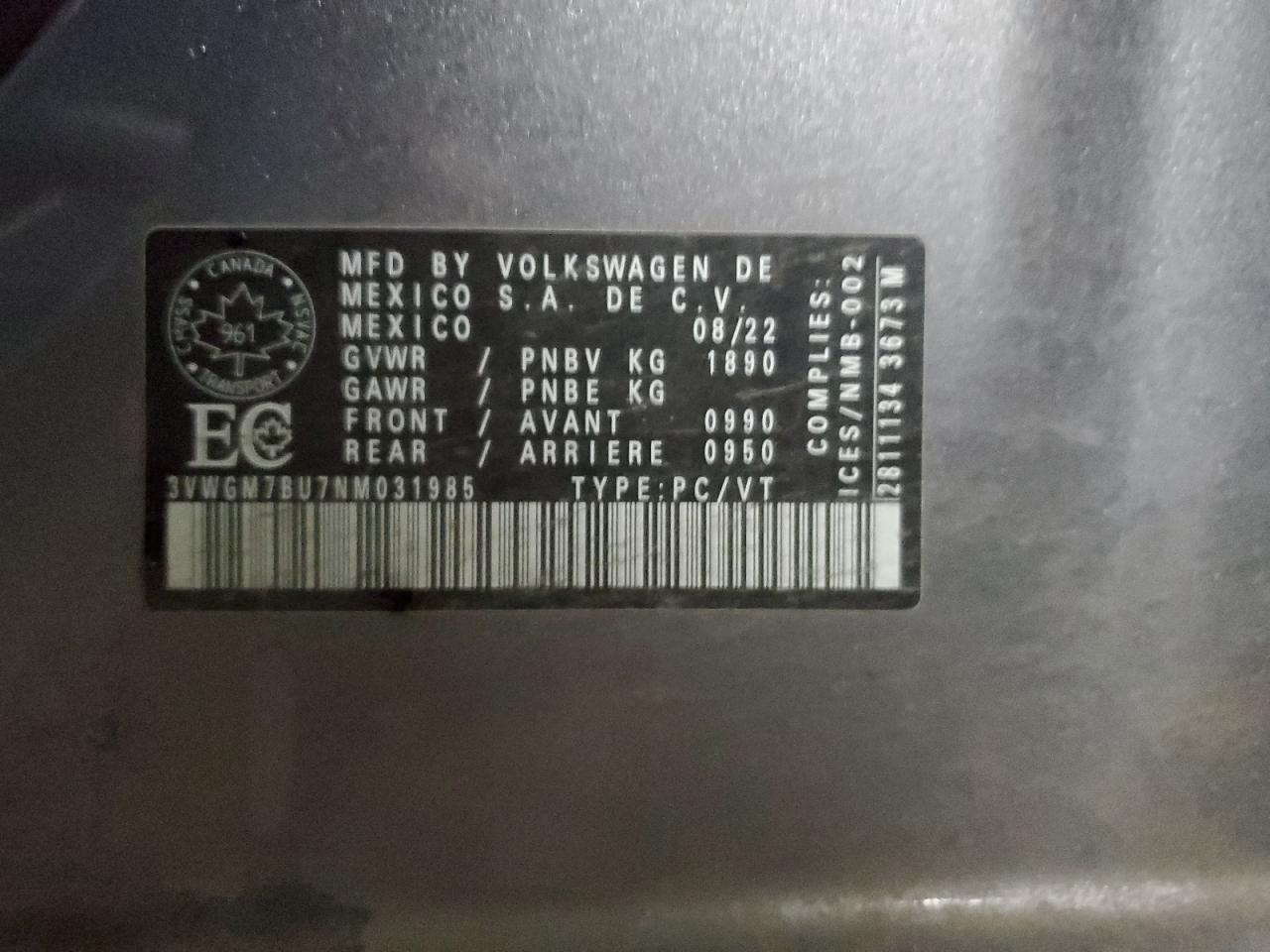 2022 Volkswagen Jetta Sel VIN: 3VWGM7BU7NM031985 Lot: 81109664