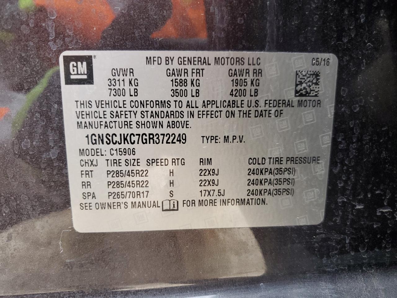 VIN 1GNSCJKC7GR372249 2016 CHEVROLET SUBURBAN no.12