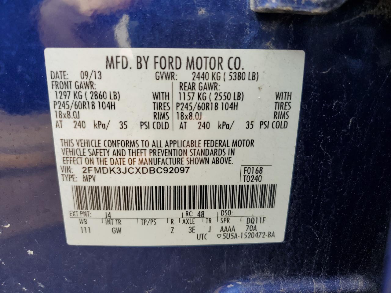 2013 Ford Edge Sel VIN: 2FMDK3JCXDBC92097 Lot: 78859524