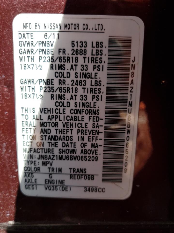 2011 Nissan Murano S VIN: JN8AZ1MU6BW065209 Lot: 78651374