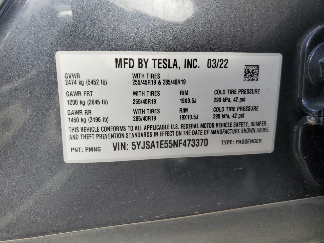 VIN 5YJSA1E55NF473370 2022 TESLA MODEL S no.12