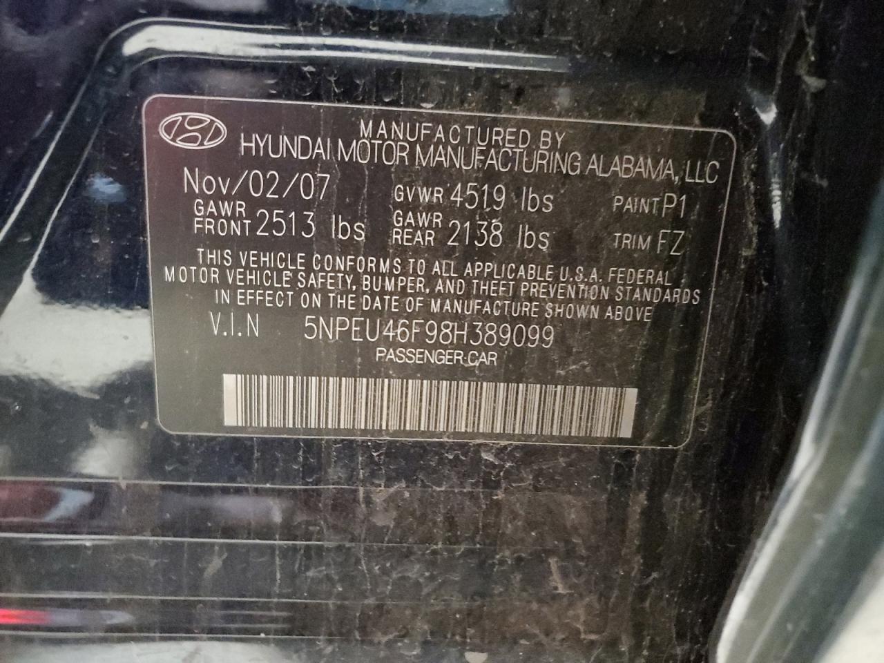 2008 Hyundai Sonata Se VIN: 5NPEU46F98H389099 Lot: 78874124