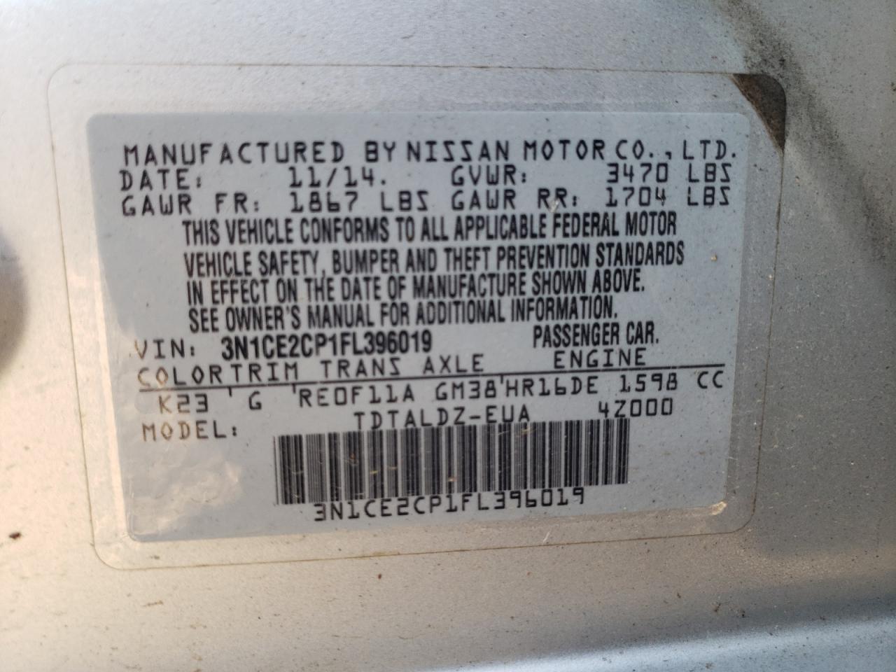 2015 Nissan Versa Note S VIN: 3N1CE2CP1FL396019 Lot: 81164114