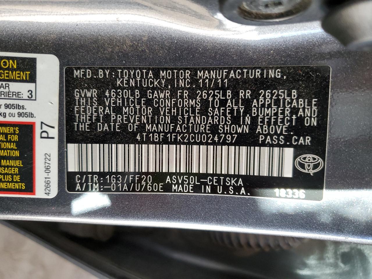 2012 Toyota Camry Base VIN: 4T1BF1FK2CU024797 Lot: 80795324