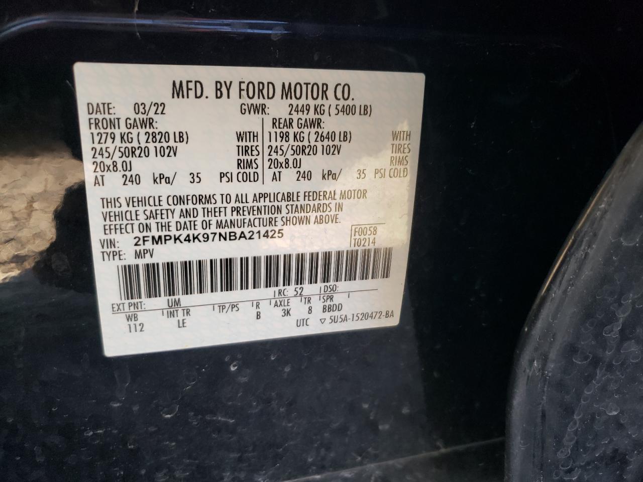 2022 Ford Edge Titanium VIN: 2FMPK4K97NBA21425 Lot: 81843424