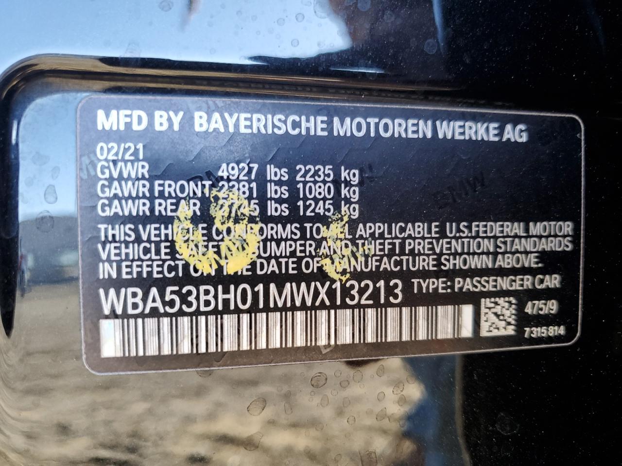 2021 BMW 530 I VIN: WBA53BH01MWX13213 Lot: 79940974