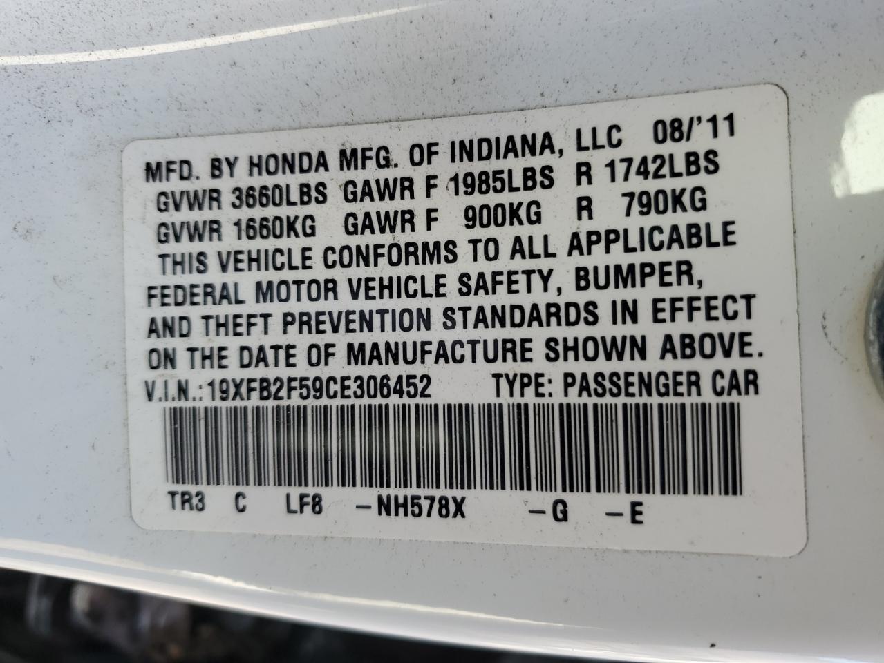 2012 Honda Civic Lx VIN: 19XFB2F59CE306452 Lot: 81421564