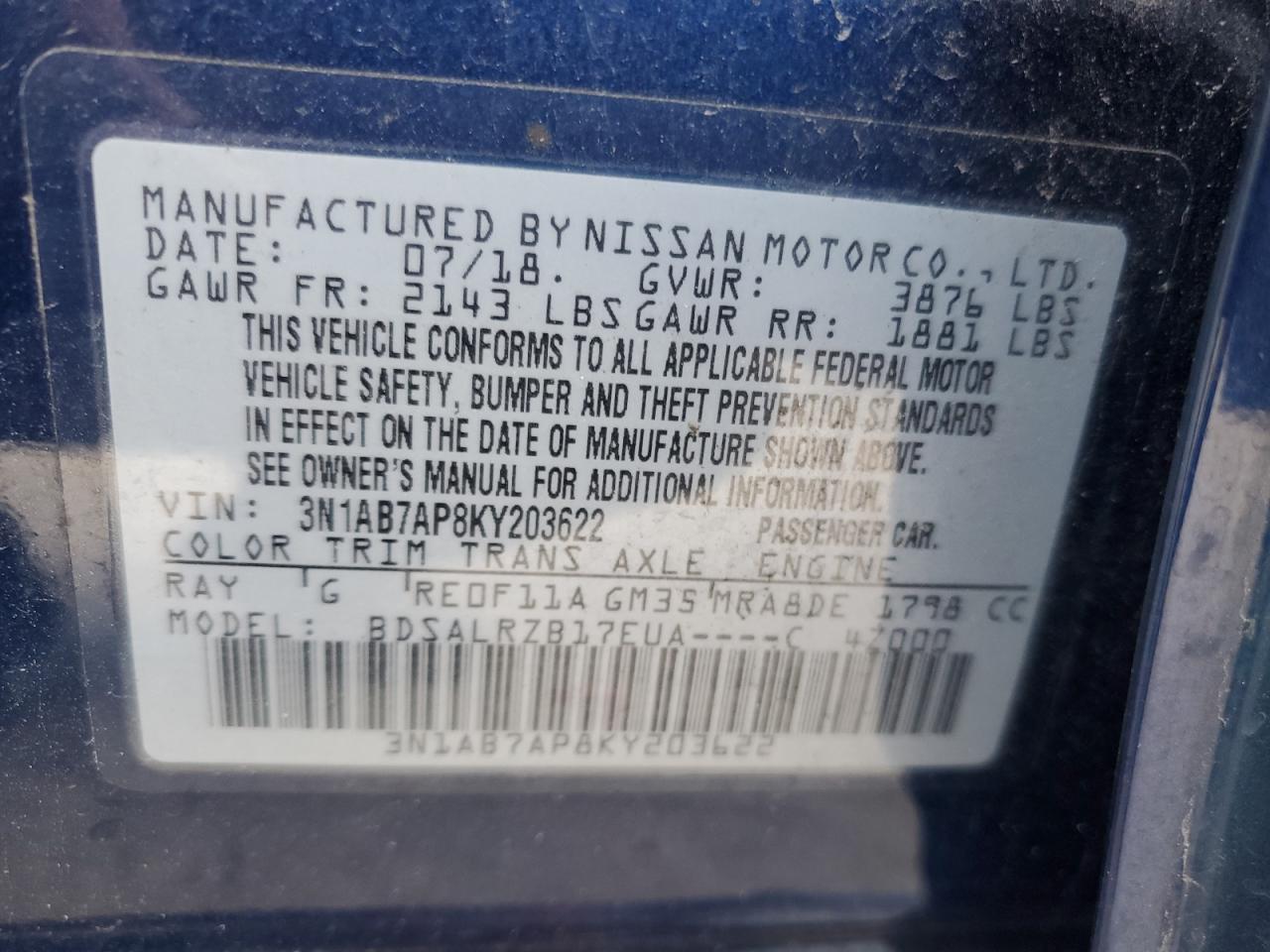 2019 Nissan Sentra S VIN: 3N1AB7AP8KY203622 Lot: 79267624