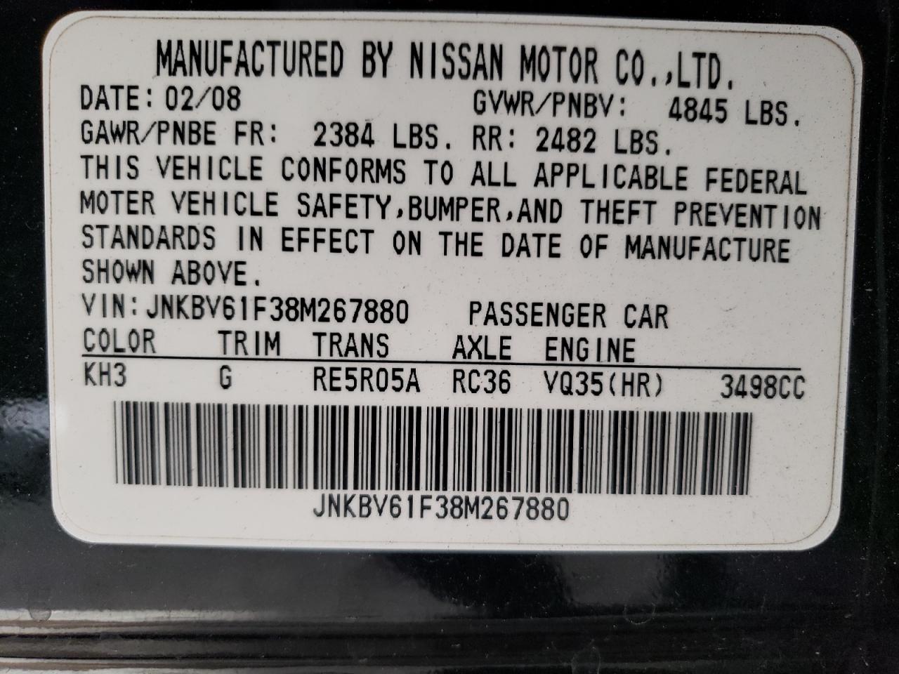 2008 Infiniti G35 VIN: JNKBV61F38M267880 Lot: 82776634
