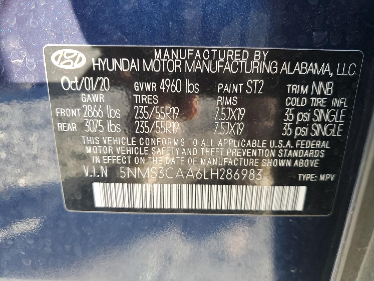 2020 Hyundai Santa Fe Sel VIN: 5NMS3CAA6LH286983 Lot: 79209844