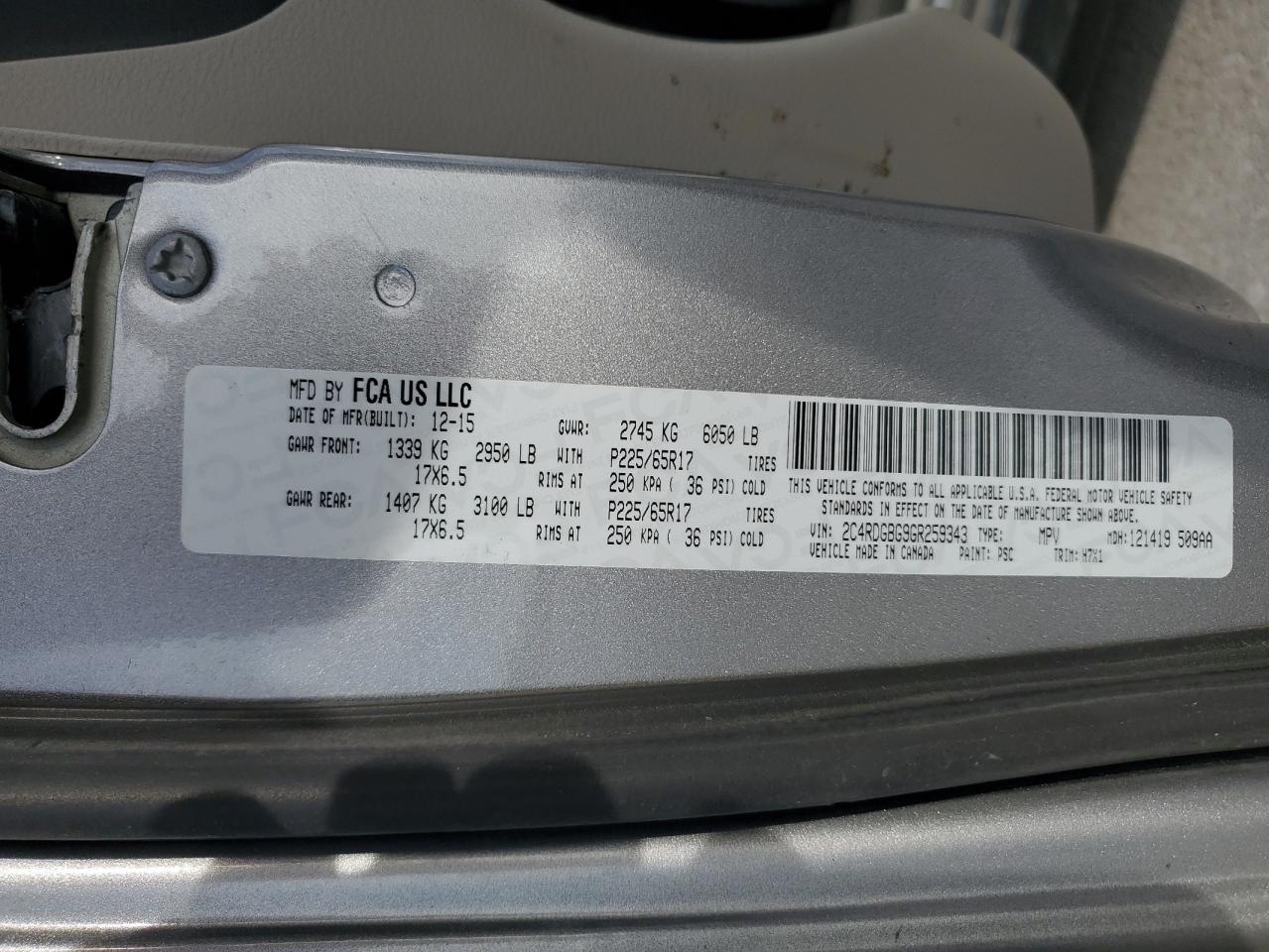 2016 Dodge Grand Caravan Se VIN: 2C4RDGBG9GR259343 Lot: 79312764