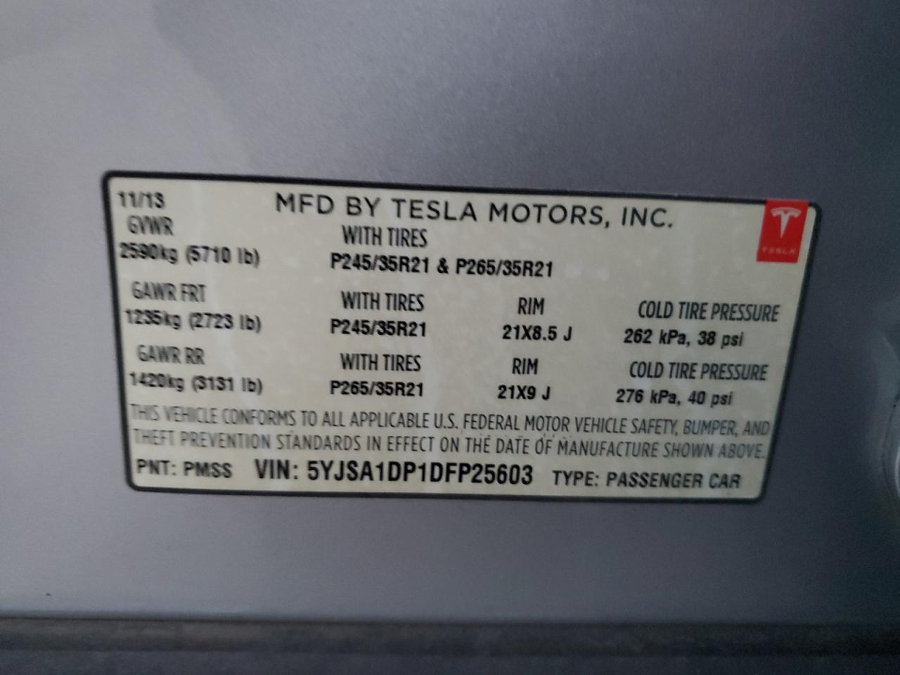 2013 Tesla Model S VIN: 5YJSA1DP1DFP25603 Lot: 81182984