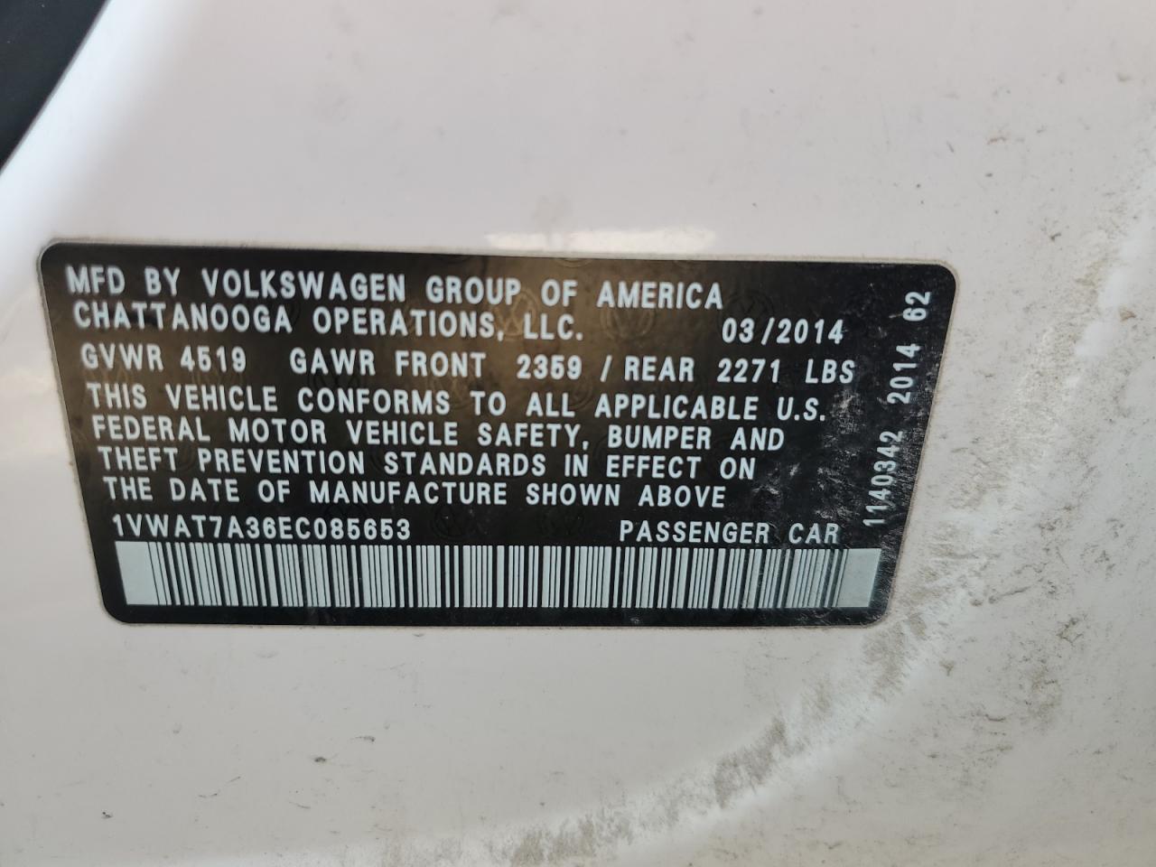 2014 Volkswagen Passat S VIN: 1VWAT7A36EC085653 Lot: 63385465