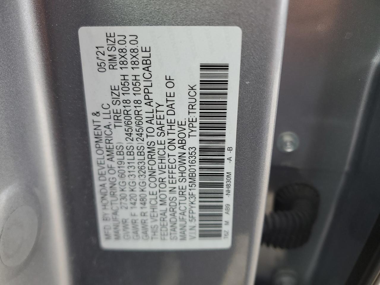 2021 Honda Ridgeline Sport VIN: 5FPYK3F15MB016353 Lot: 82310044