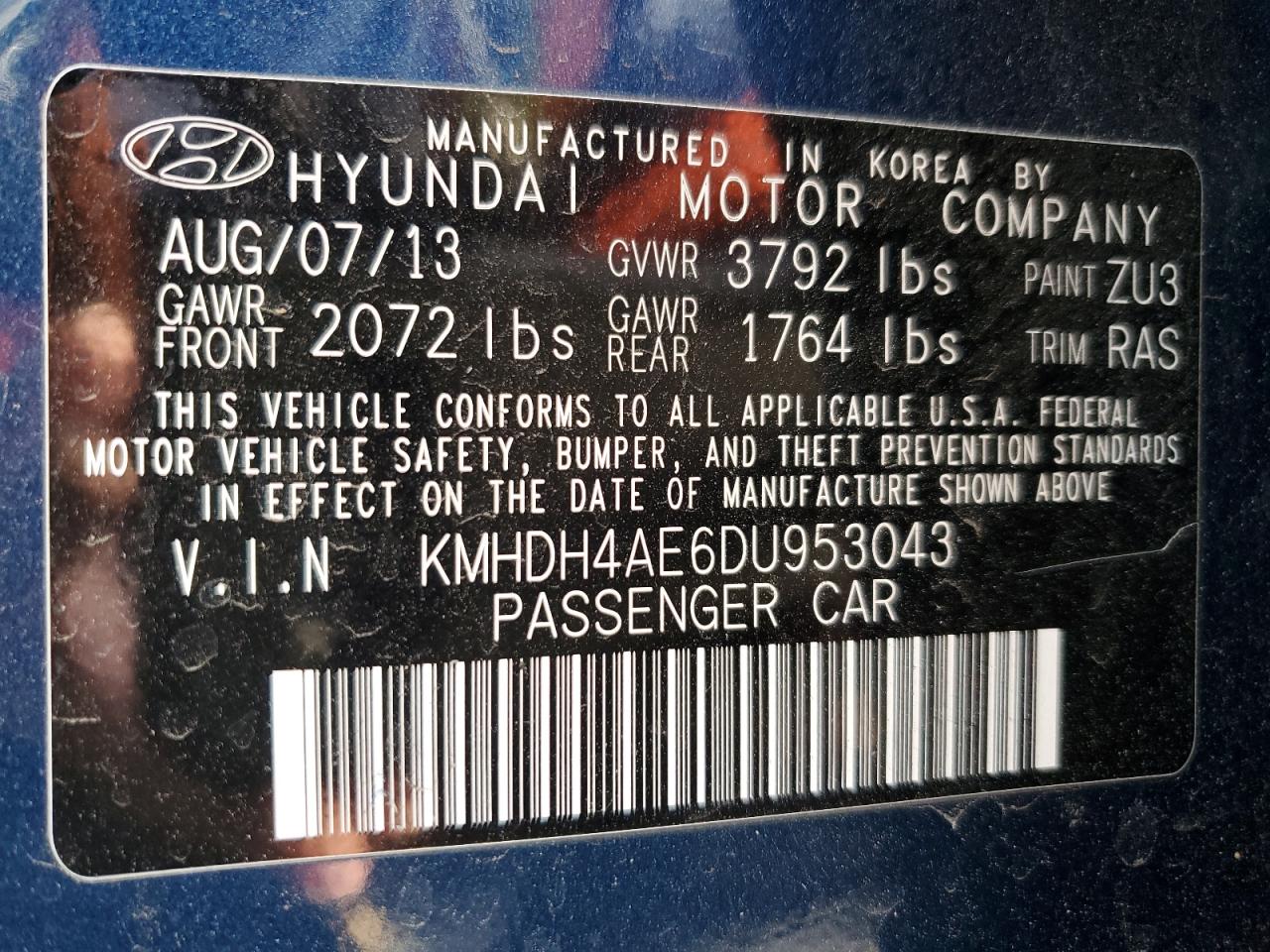 2013 Hyundai Elantra Gls VIN: KMHDH4AE6DU953043 Lot: 80790254