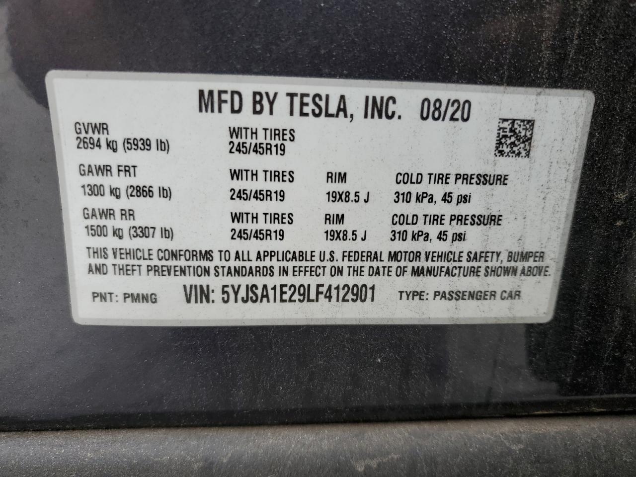 2020 Tesla Model S VIN: 5YJSA1E29LF412901 Lot: 79769144