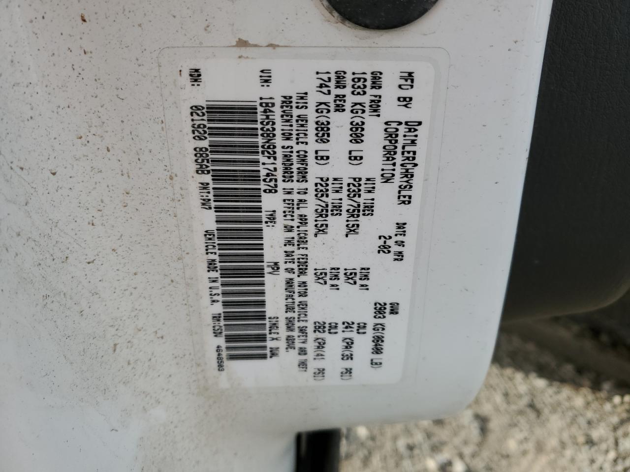 2002 Dodge Durango Sport VIN: 1B4HS38N92F174578 Lot: 82825504