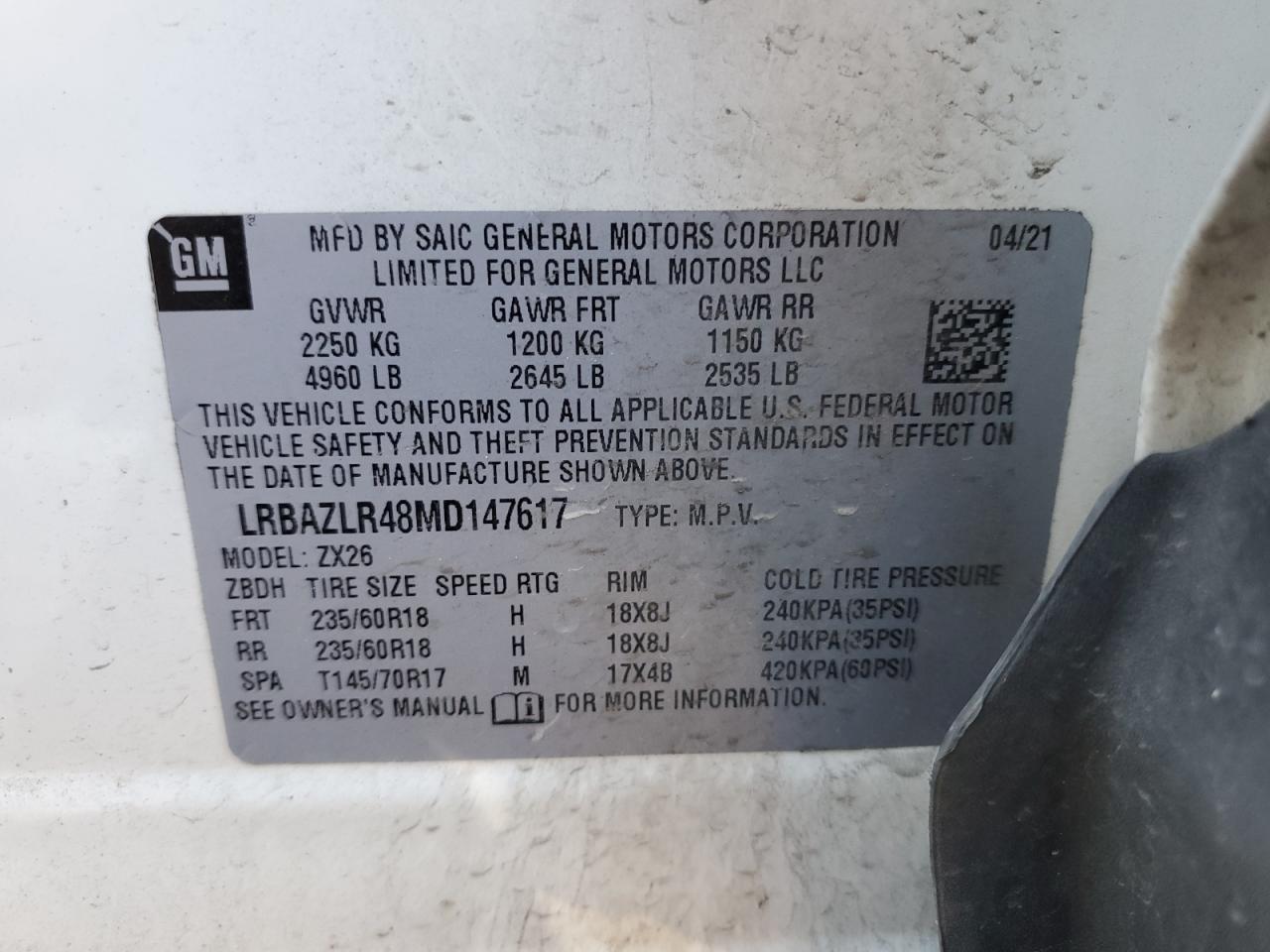 VIN LRBAZLR48MD147617 2021 BUICK ENVISION no.13